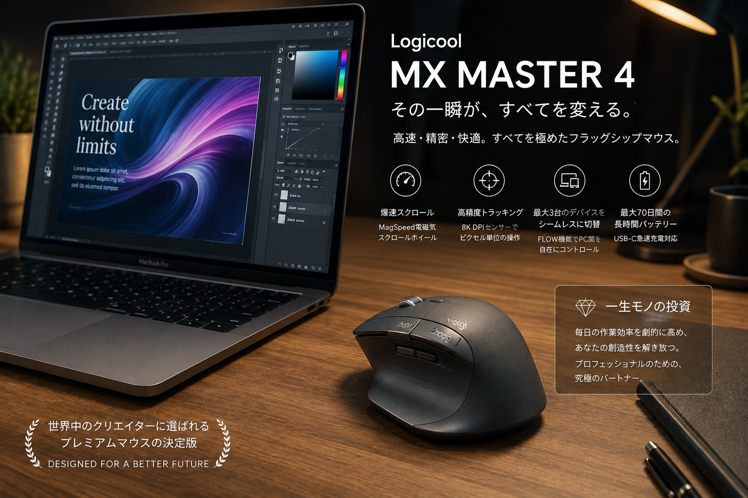 MacBook Proでグラフィック作業をしながら、Logicool MX MASTER 4を使って高速かつ快適に操作するデスク環境