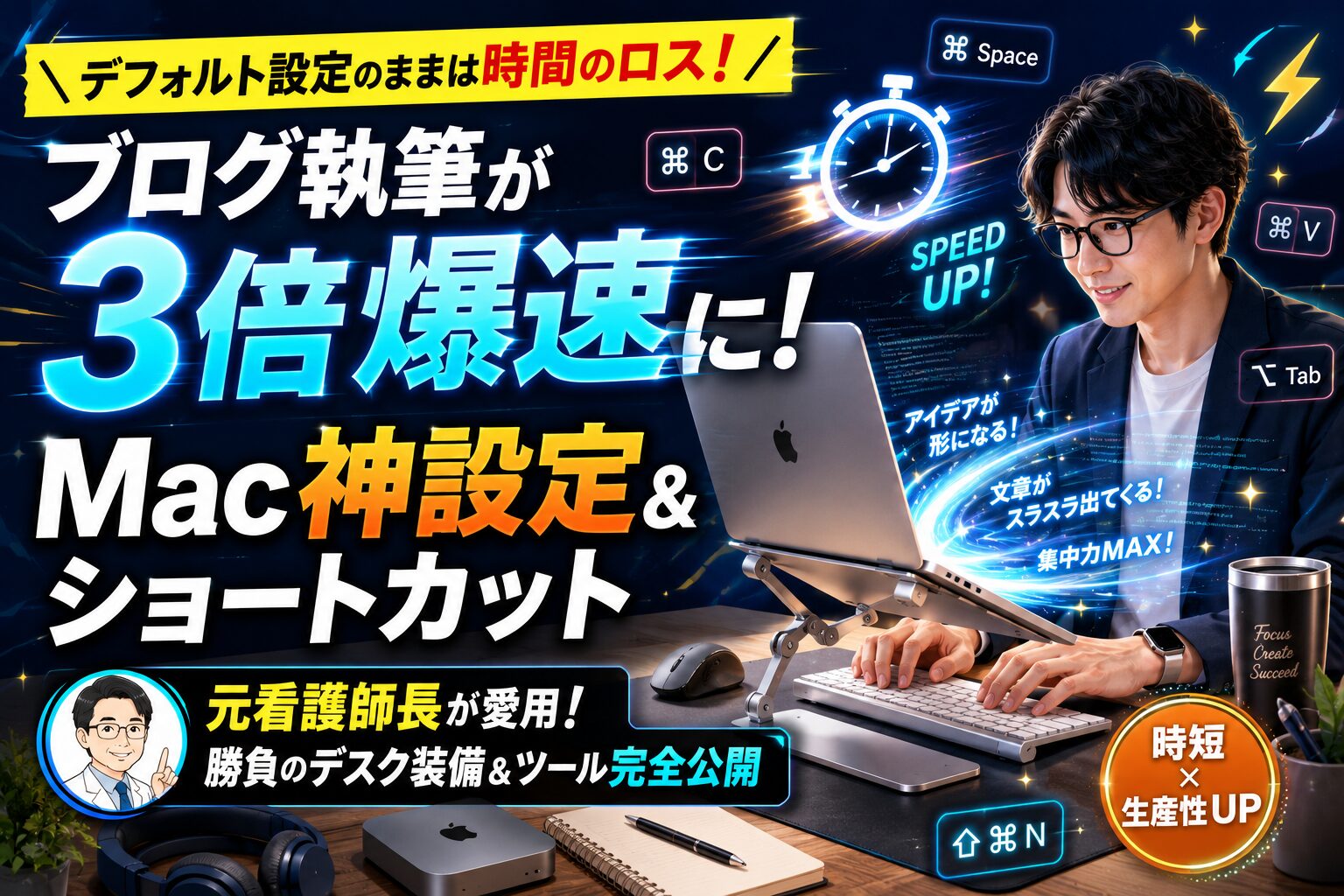 ブログ執筆速度を3倍爆速化させるMacの環境設定4選と最強ショートカットキー10選、おすすめデスク周辺機器を解説した記事のアイキャッチ画像