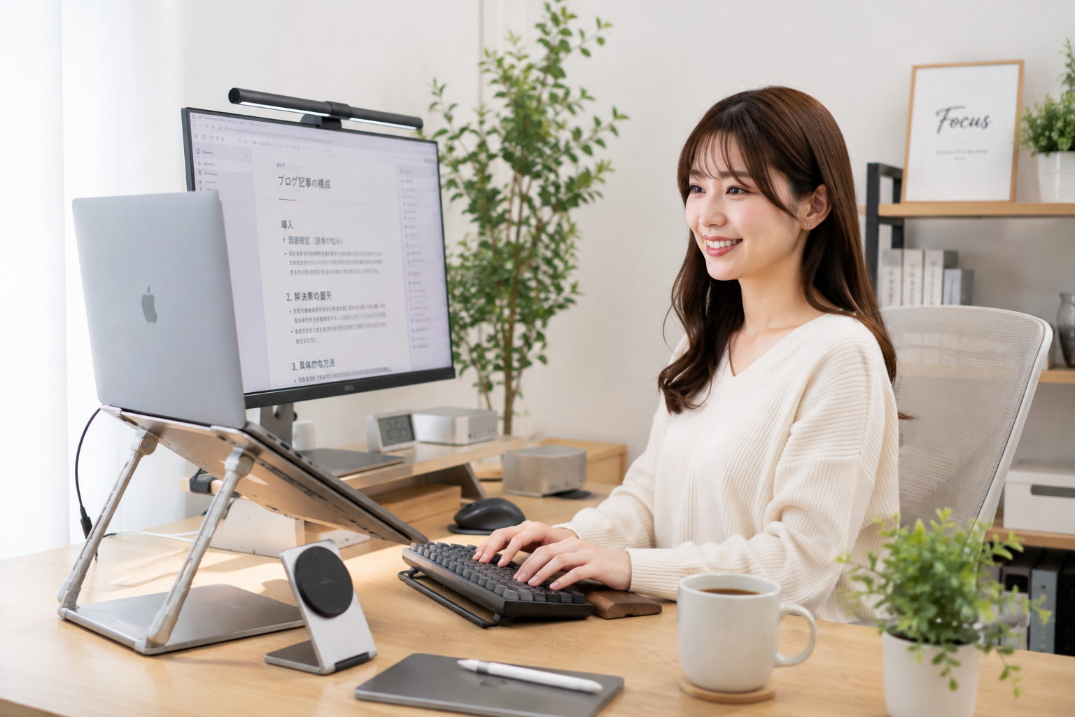 MacBookスタンドや外部モニター、キーボードを活用した快適なデスク環境で笑顔でブログを執筆する女性