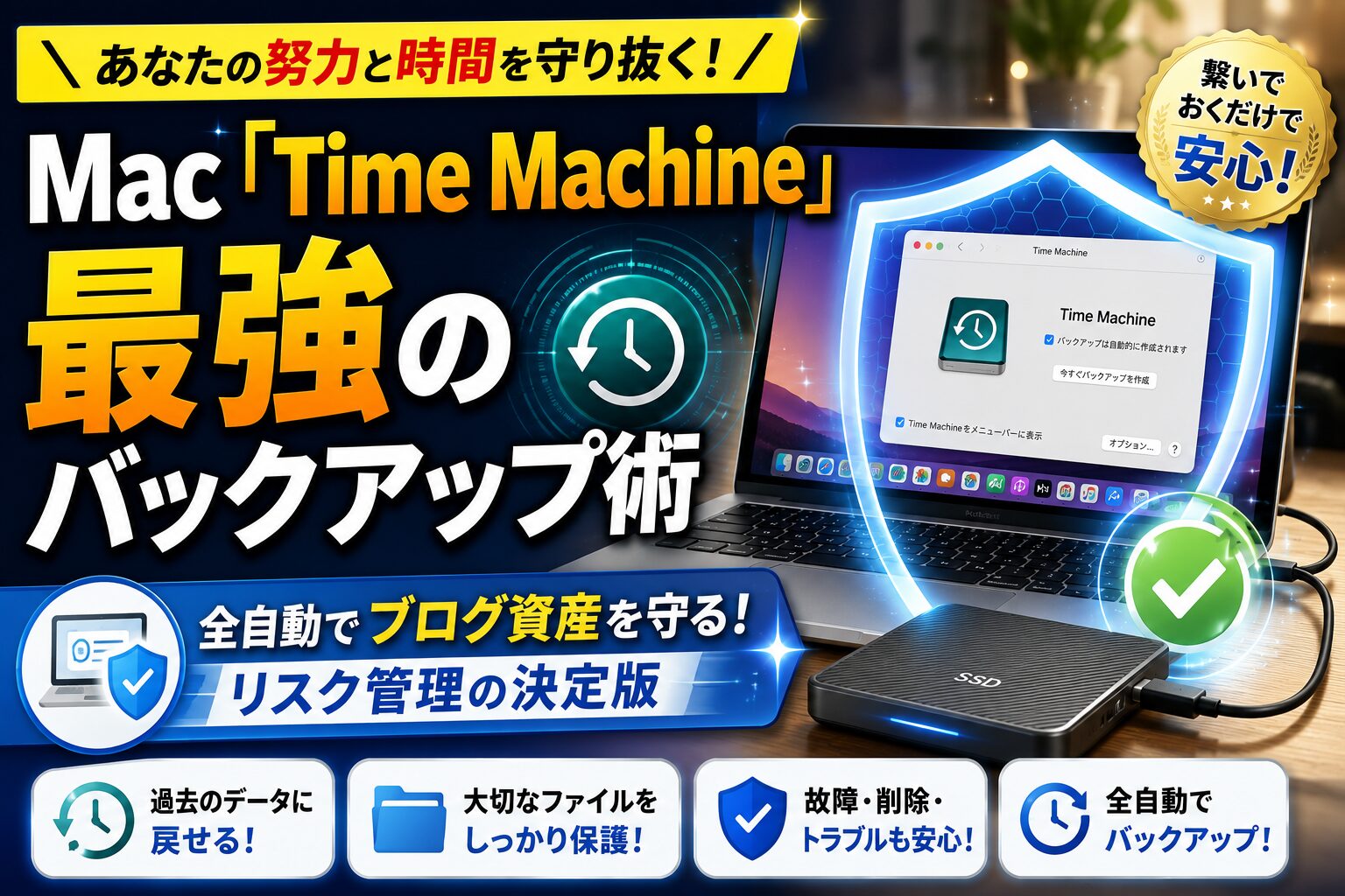 Mac標準機能「Time Machine」と外付けHDD・SSDを活用し、ブログ資産の消失リスクを全自動で防ぐ最強バックアップ術のアイキャッチ画像