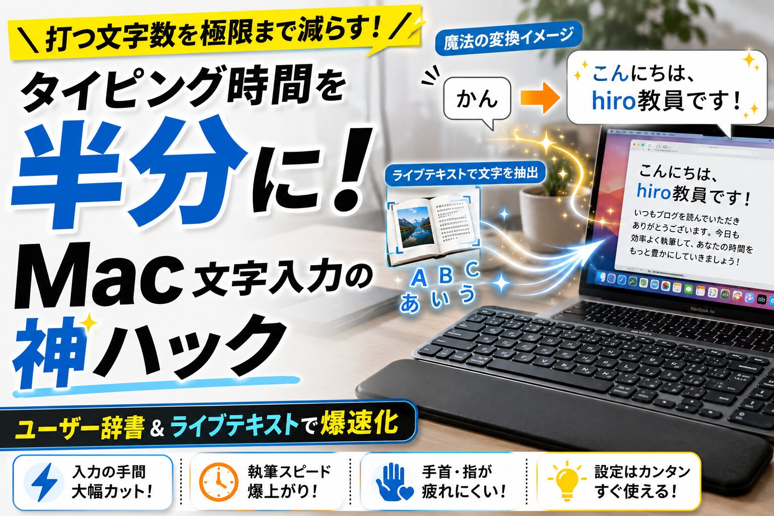 Macの「ユーザー辞書」や「ライブテキスト」機能を活用して、ブログの文字入力・タイピング時間を半分に短縮する効率化テクニックのアイキャッチ画像