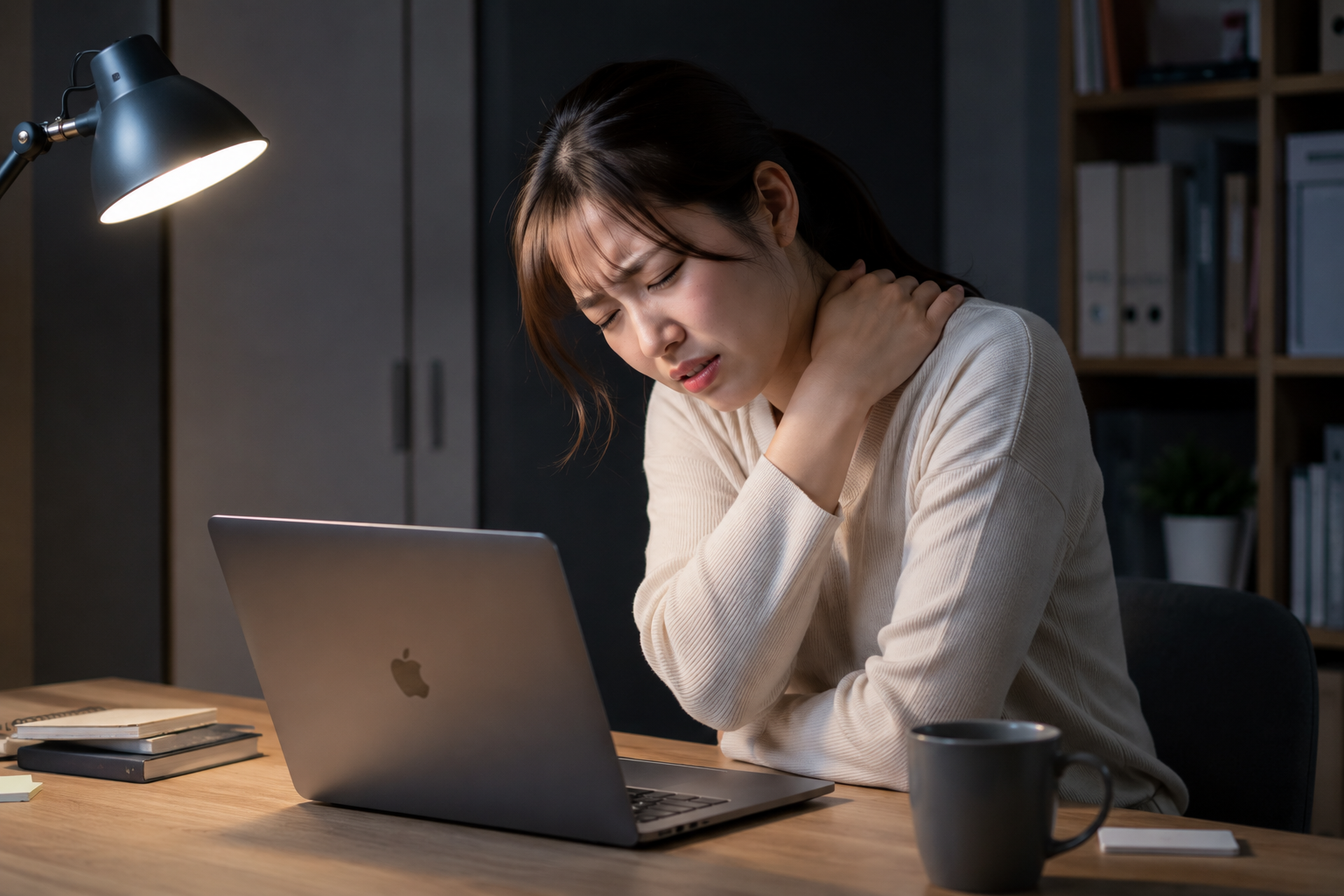 MacBookを机に直置きして長時間作業を続けた結果、首や肩の痛みに悩む女性