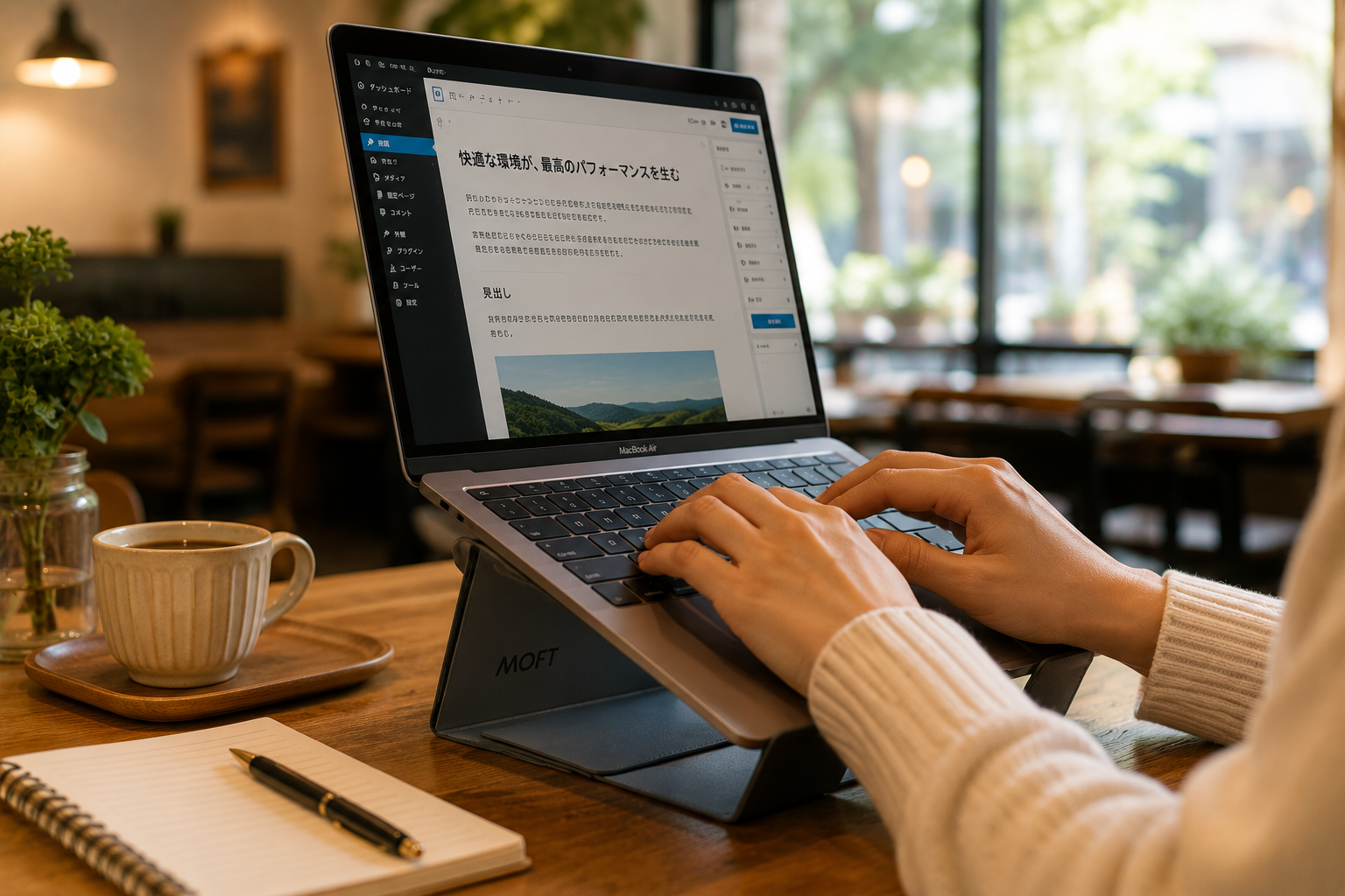 カフェでMOFTノートパソコンスタンドを使い、MacBook Airの画面を見やすい高さに上げて快適にタイピングする様子