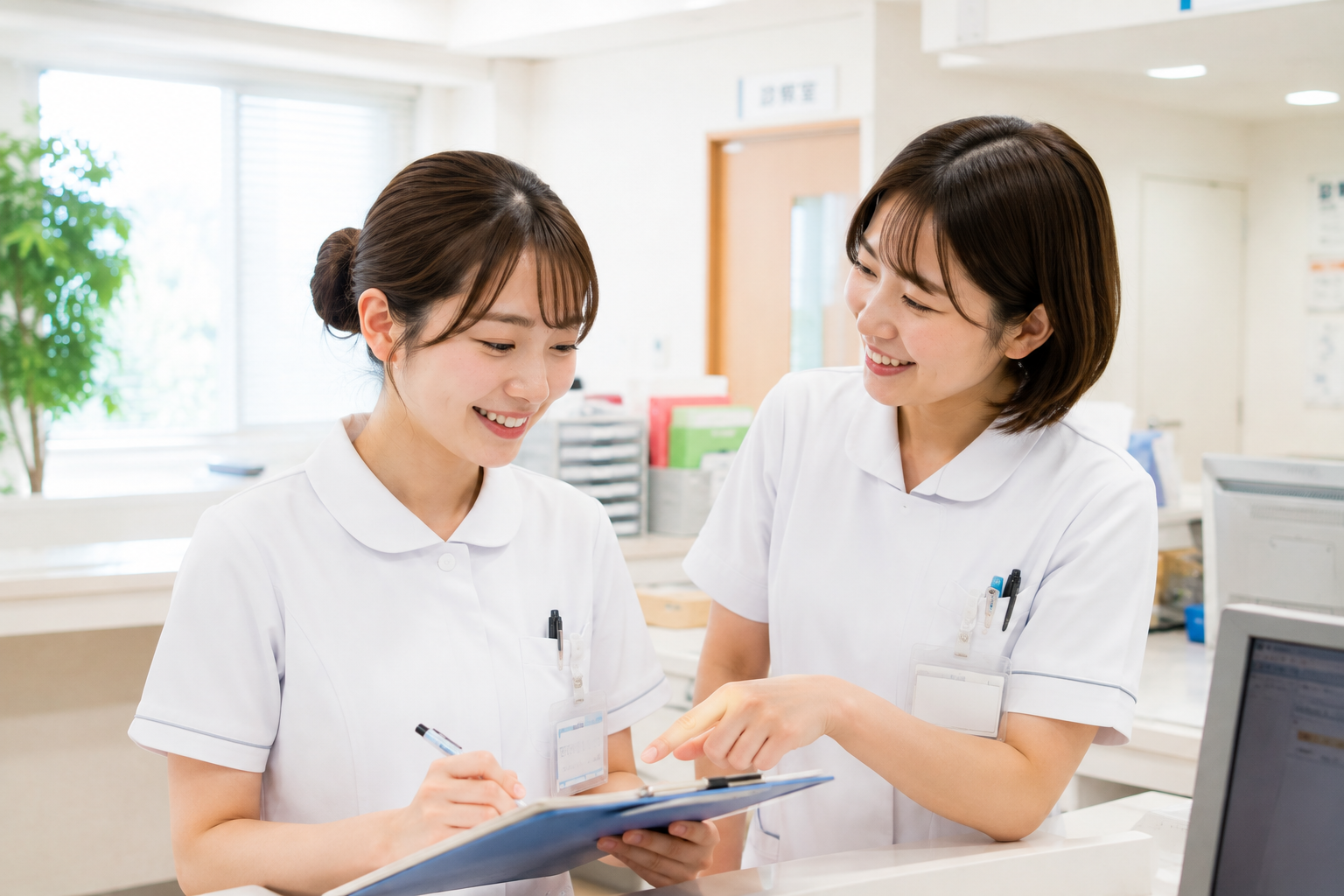 転職先の穏やかなクリニックで、優しい先輩に教えてもらいながら笑顔で仕事をする新人看護師