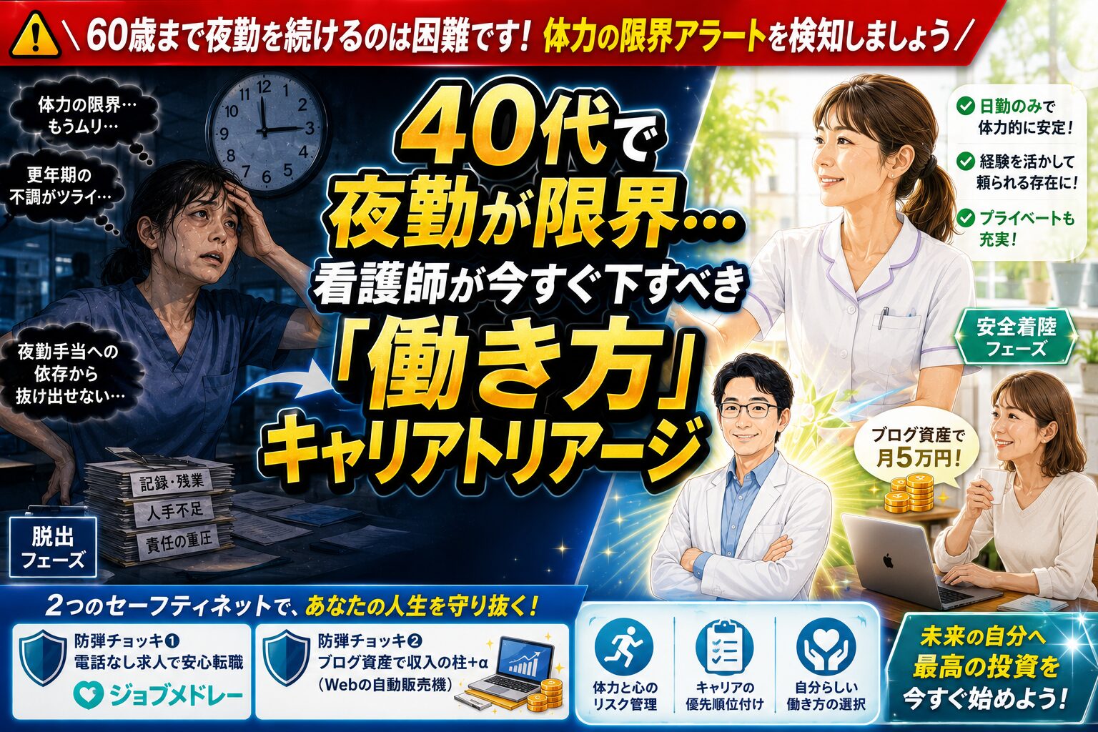 40代の看護師が体力の限界や夜勤の辛さを乗り越えるための働き方のキャリアトリアージ、しつこい電話なしのジョブメドレーやブログ副業を活用した解決策を解説したアイキャッチ画像