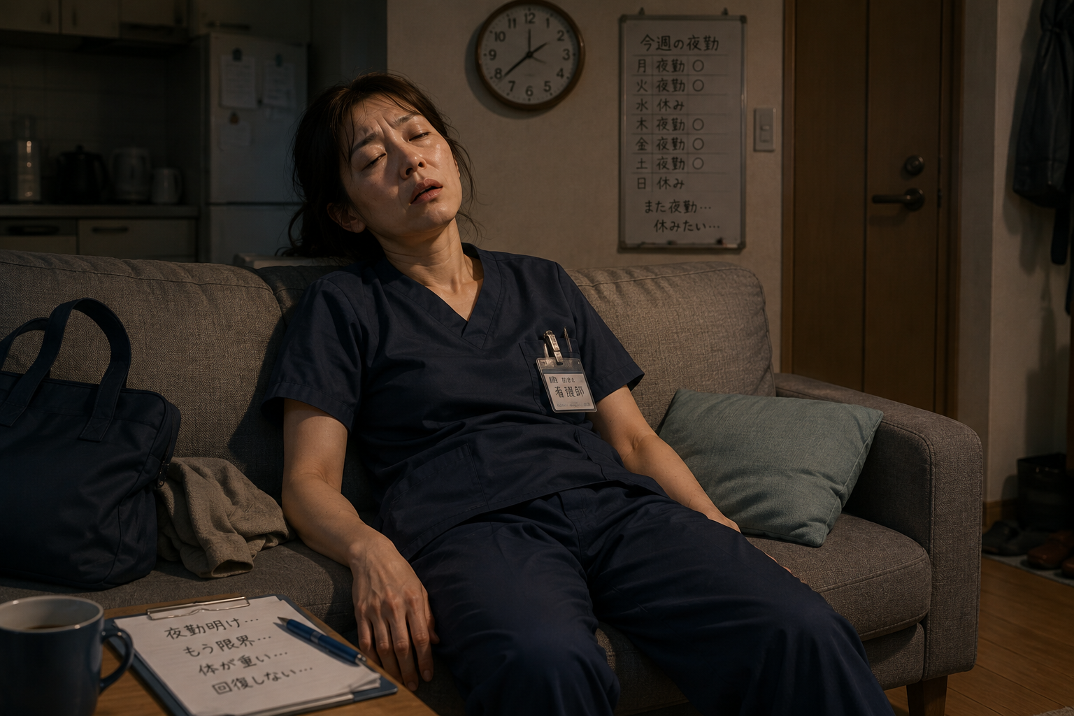 夜勤明けで帰宅し、激しい疲労と重い身体を引きずりながらソファに倒れ込む40代看護師
