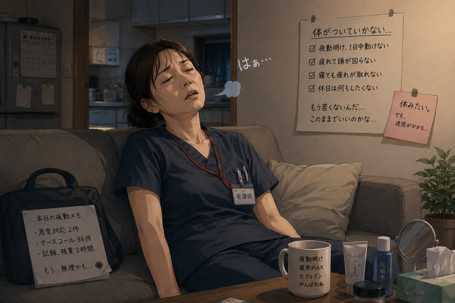 夜勤明けで自宅に帰り、メイクを落とす気力もなくソファで深くため息をつく疲労困憊の40代女性