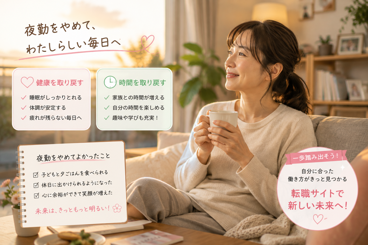 夜勤をやめて健康と時間を取り戻し、休日の夕方にリラックスして家族や自分の時間を楽しむ40代女性