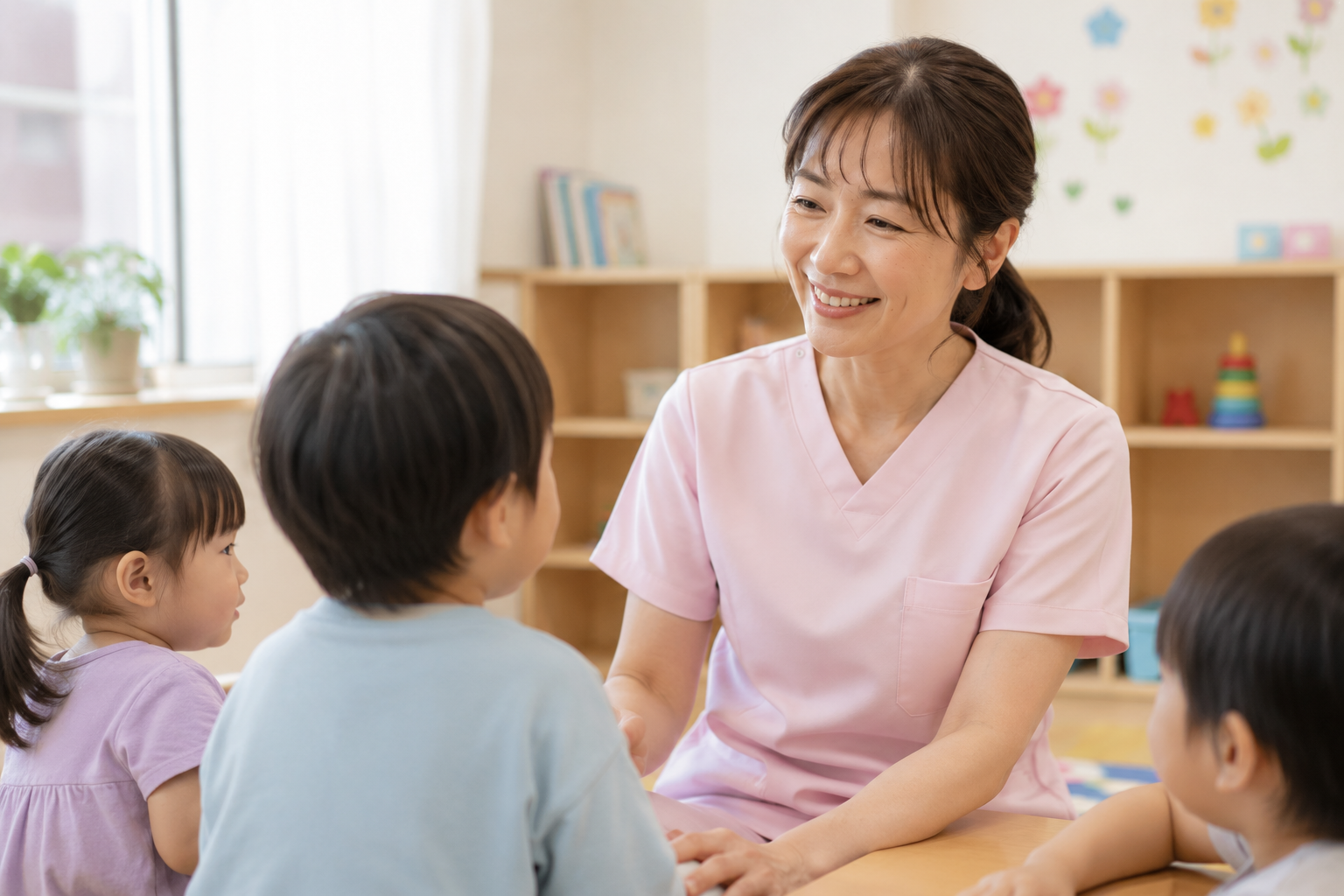 保育園やデイサービスなど、ゆったりとした病院外の環境で優しく笑顔で働く40代看護師