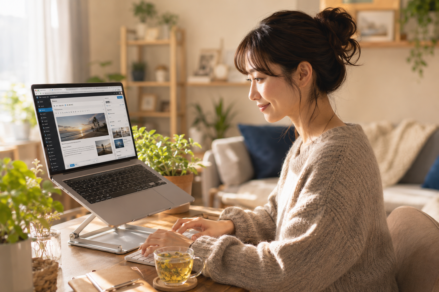 快適なホームデスクでノートPCスタンドを使い、ブログ副業に取り組む女性看護師。自宅で自由な働き方と副収入づくりを目指す様子。