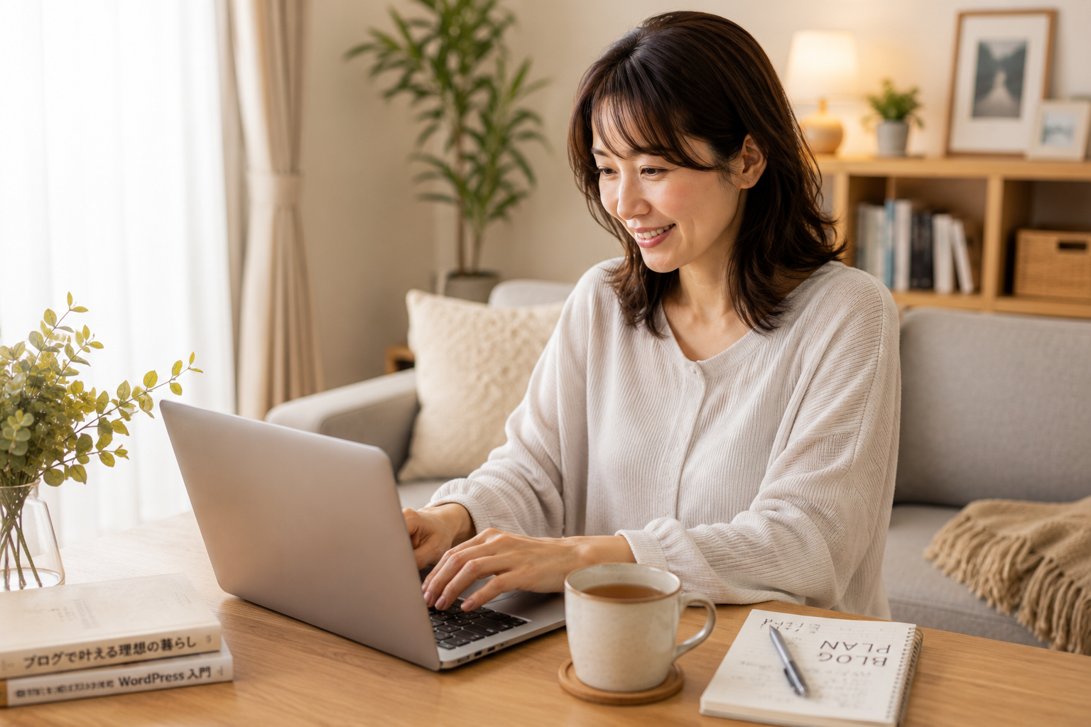 自宅でリラックスしながらノートパソコンでブログ副業に取り組む40代女性