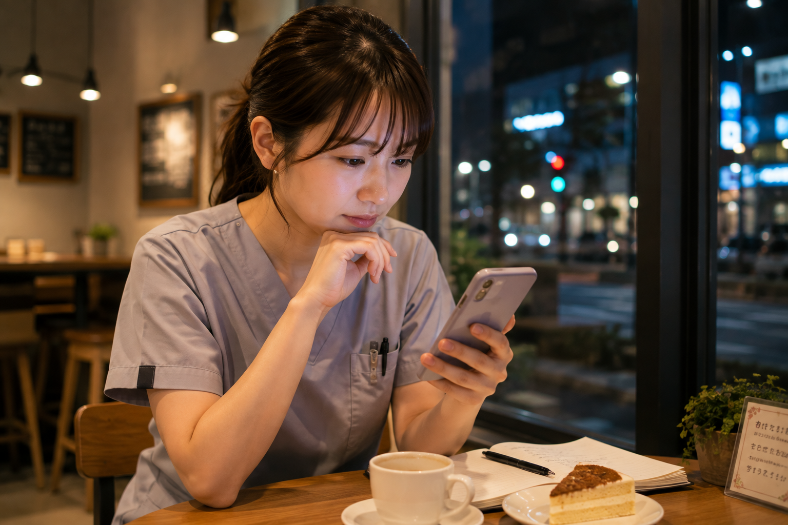 仕事終わりにカフェでスマホを見つめ、何年目で転職するのがベストか真剣に調べる若手看護師