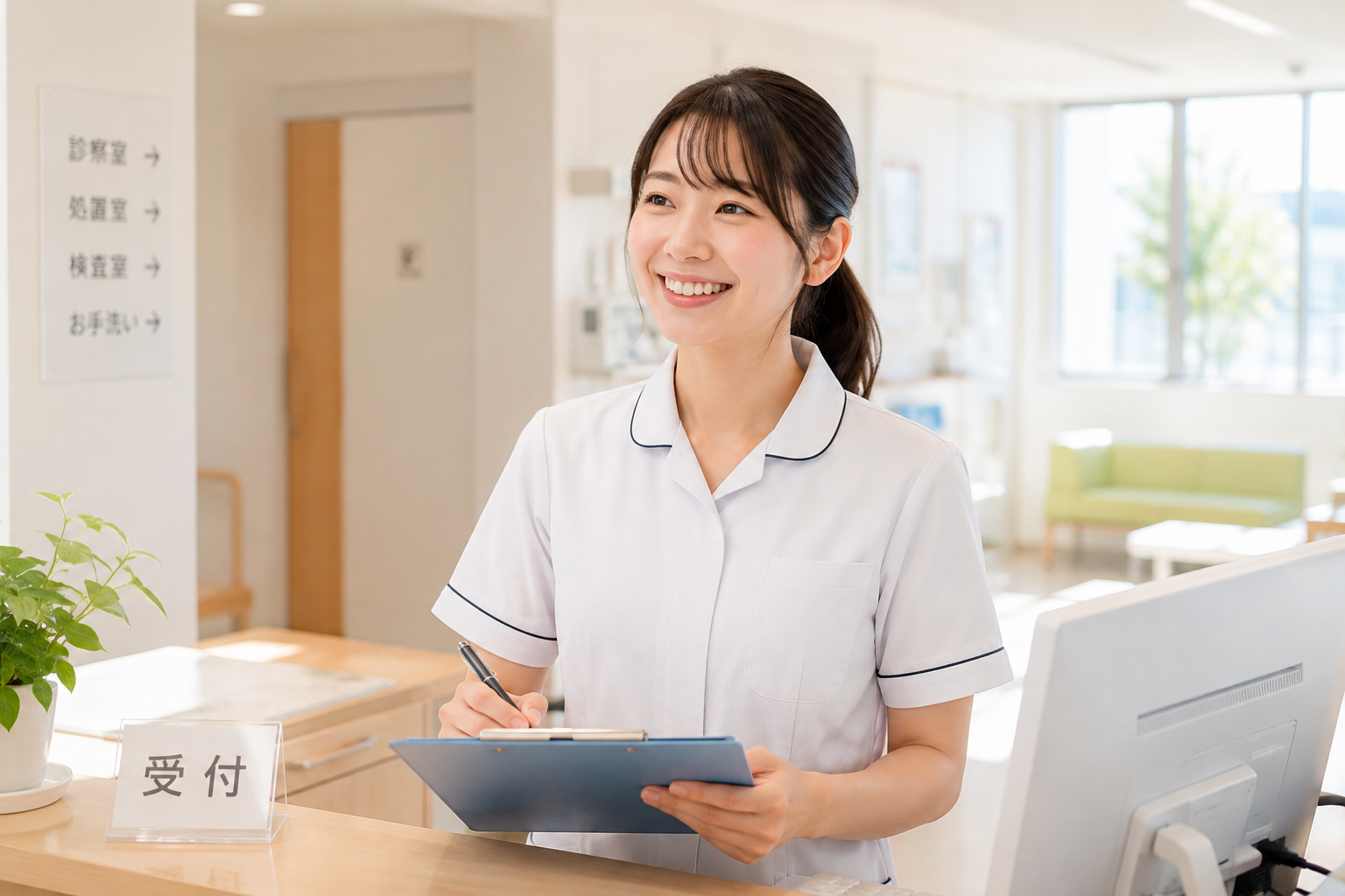 転職先の明るいクリニックで、夜勤のプレッシャーから解放されて穏やかな笑顔で働く看護師