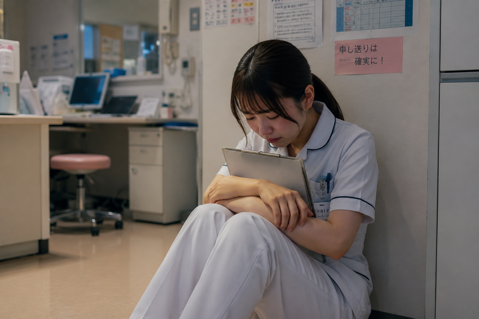ナースステーションの片隅で、自分の不甲斐なさに落ち込み深くうつむいている新人看護師