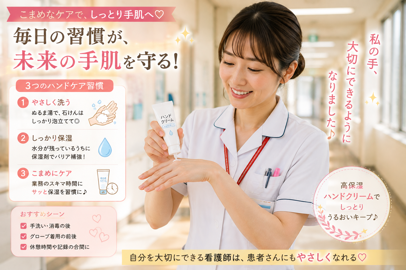 業務の合間に白衣のポケットからハンドクリームを取り出し、手肌を保湿しながら笑顔でセルフケアを行う看護師