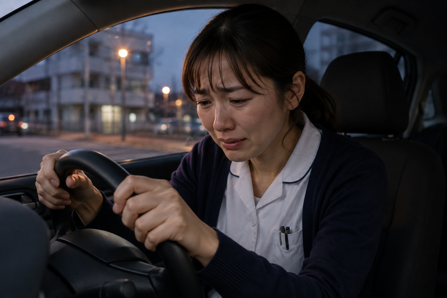 夜勤の出勤前、車のハンドルを握りしめながら行きたくないプレッシャーで泣きそうになっている看護師