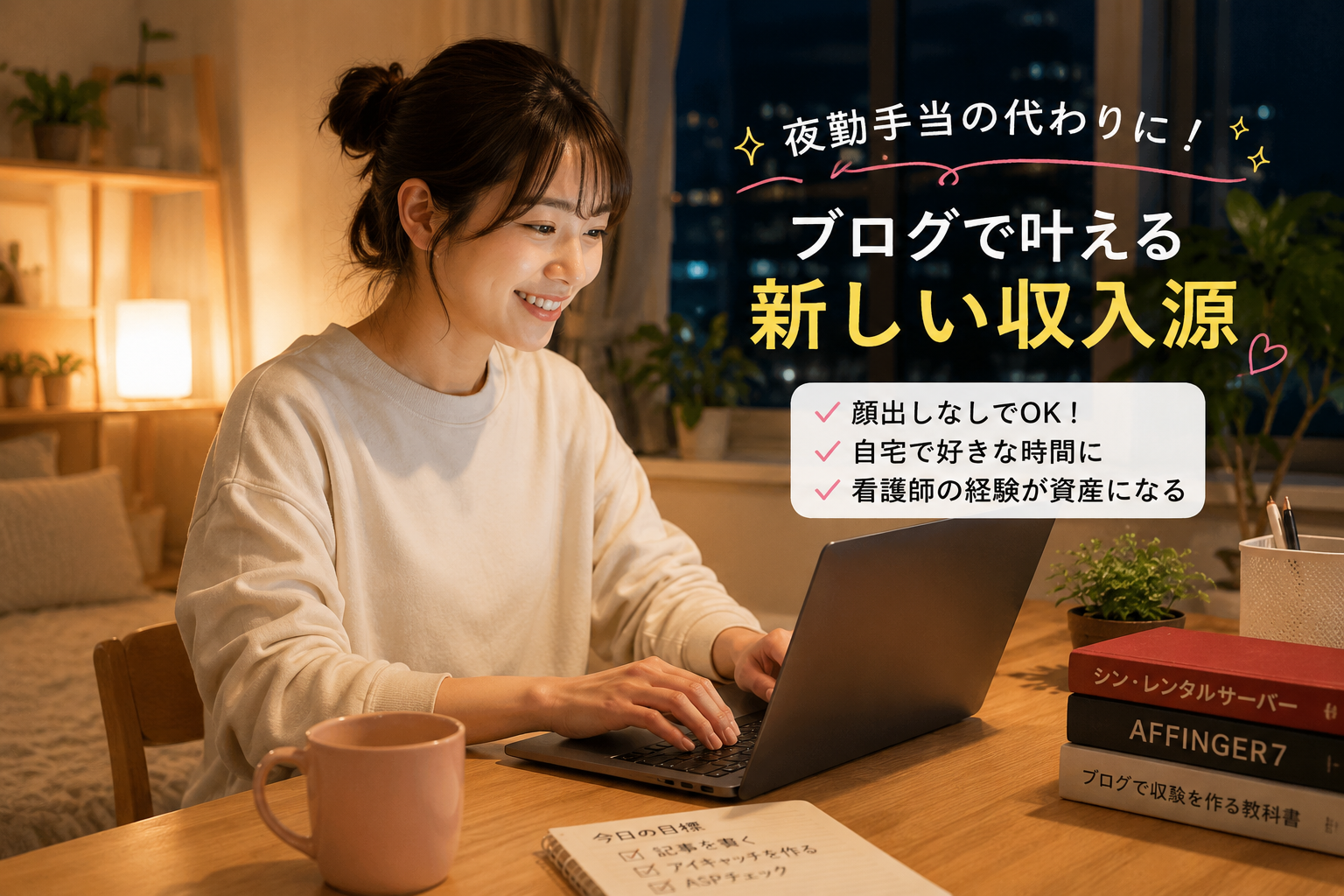 自宅の快適な部屋でパソコンを開き、夜勤手当の代わりとなるブログ副業に楽しく取り組む女性