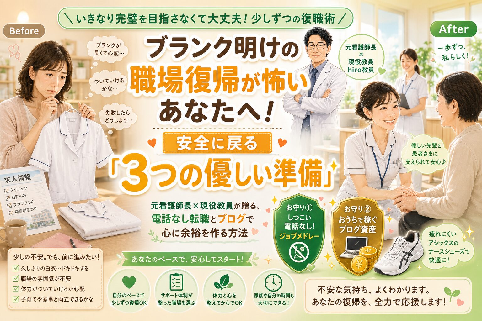 長年のブランクがあり職場復帰が怖くて一歩が踏み出せない潜在看護師の悩みを解消するために元師長で現役教員が教える3つの優しい準備と疲れにくいナースシューズやしつこい電話のないジョブメドレーとブログ副業によるお守りを解説したアイキャッチ画像