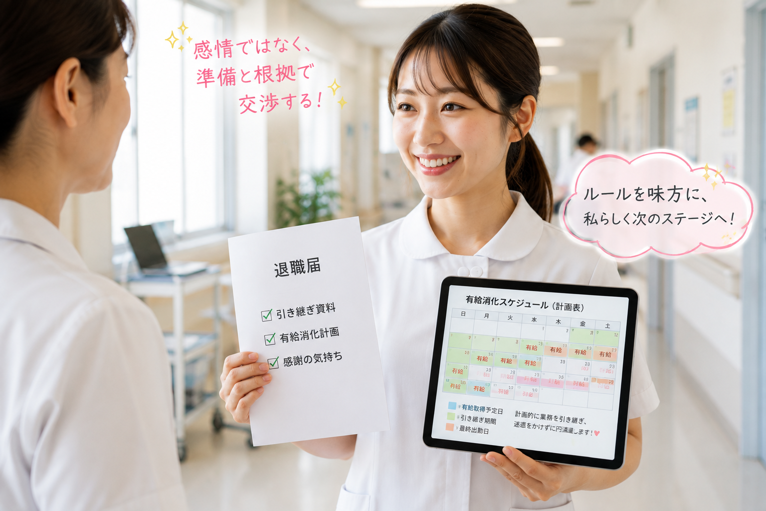 退職交渉に向けて退職届と有給消化スケジュールを準備し、冷静に師長と話し合いへ臨む若い看護師
