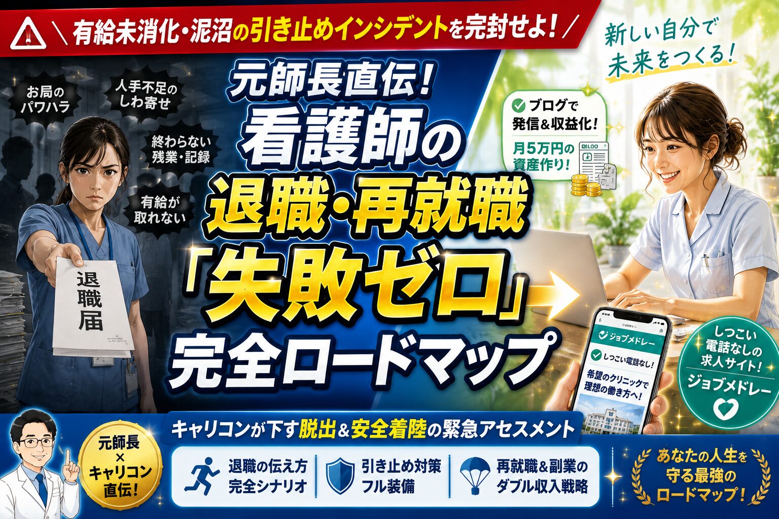 看護師の退職や再就職で失敗しないための手順や引き止め対策、しつこい電話なしのジョブメドレーやブログ副業を活用した完全ロードマップを解説したアイキャッチ画像