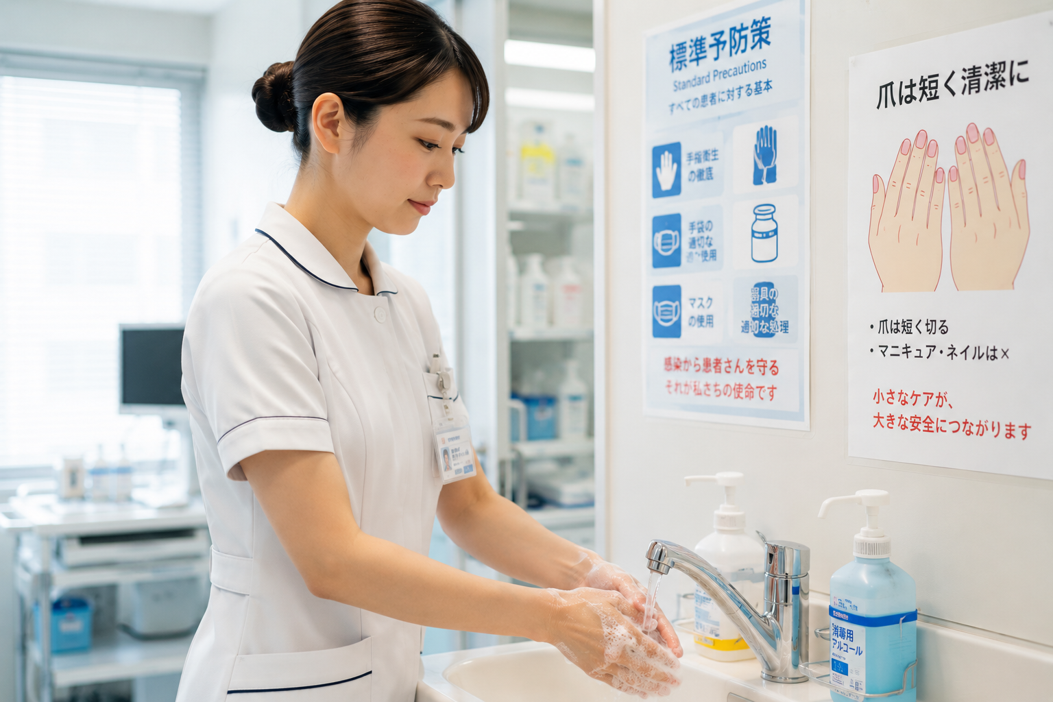 髪を清潔にまとめ、短く整えた爪で正しい手洗いを実践し、標準予防策に基づく感染管理を徹底する看護師
