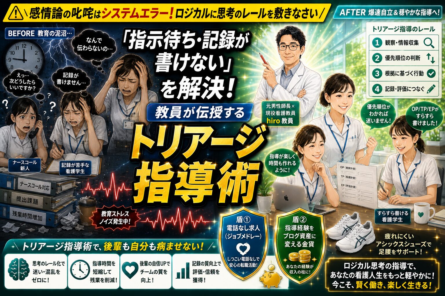 看護学生や新人が指示待ちで実習記録や看護計画を書けない理由を脳のシステムエラーと仕分けし現役教員が解決する声かけや赤ペン添削のトリアージ指導術とアシックスのシューズやブログ副業によるリスク管理を解説したアイキャッチ画像