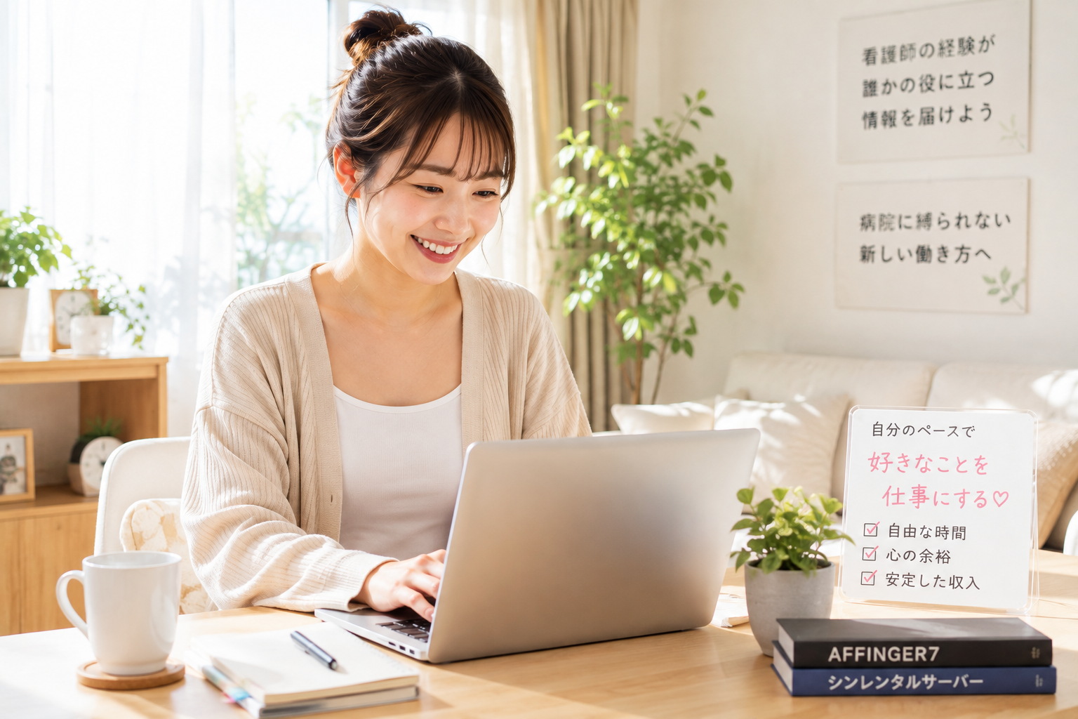 自宅の明るい部屋でリラックスしながら、パソコンを開いて自分のペースでブログ執筆を楽しむ女性