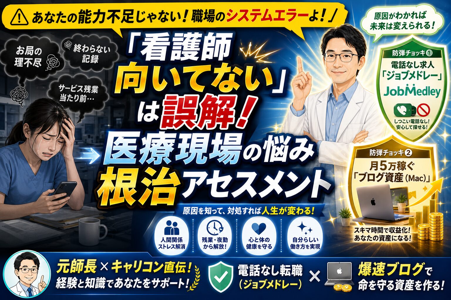 看護師が直面する人間関係や残業の悩みの原因と対処法、しつこい電話なしの転職サイトジョブメドレーやブログ副業によるセーフティネットを解説したアイキャッチ画像