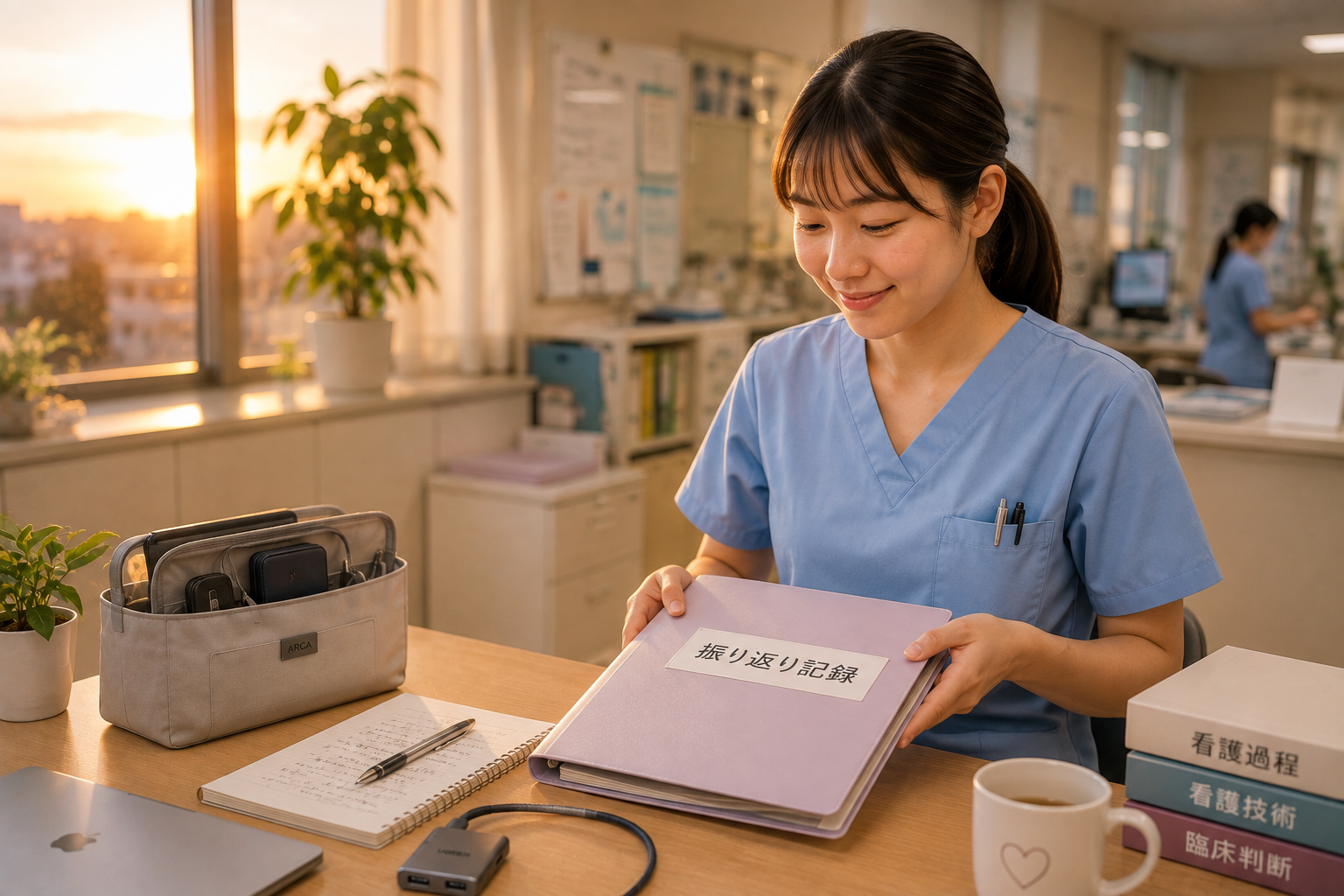 看護実習の振り返り記録を書き終え、夕暮れのナースステーションで晴れやかな表情を見せる看護学生