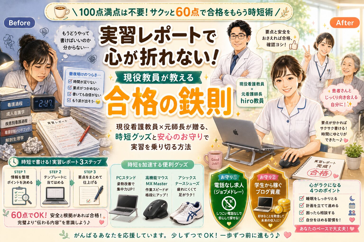 頻回の手洗いとアルコール消毒で手荒れやひび割れに痛む看護師の悩みを解消するために元師長で現役教員が教えるこまめな保湿やナイト手袋などのハンドケアの鉄則と疲れにくいシューズとしつこい電話のないジョブメドレーやブログ副業によるお守りをわかりやすく解説したアイキャッチ画像