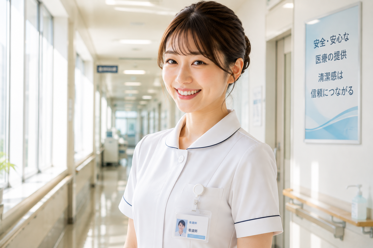 清潔感のある白衣と整えたまとめ髪、自然なメイクで信頼感と自信にあふれる笑顔を見せる看護師