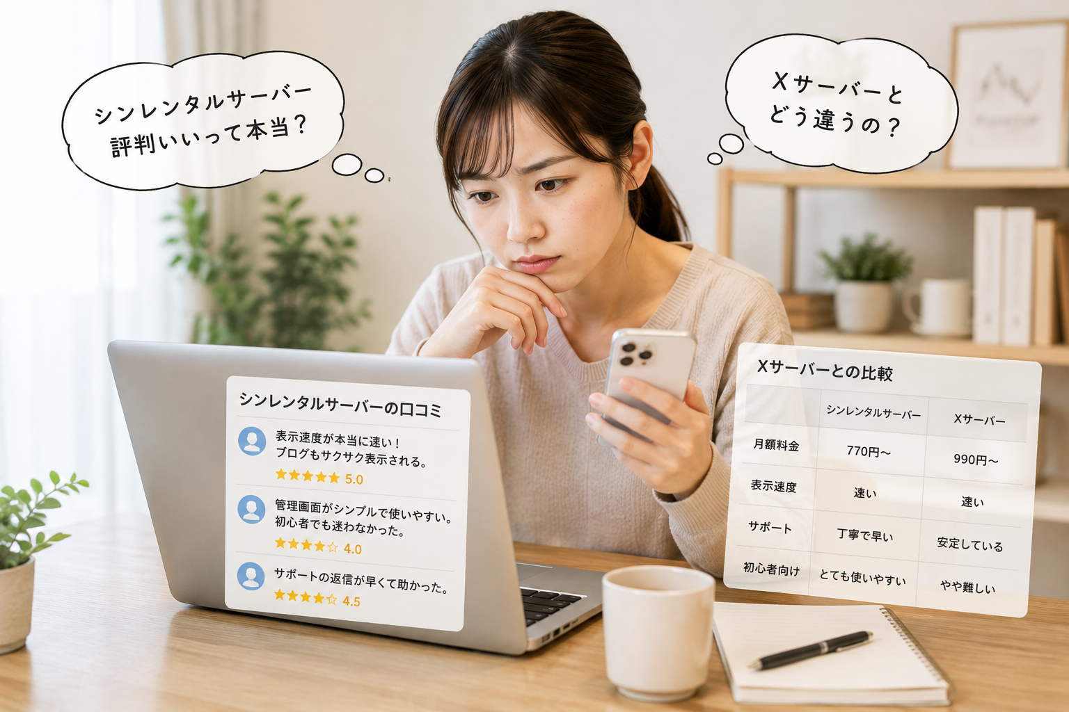 自宅のデスクでパソコンとスマホを見比べながら、レンタルサーバーの評判や口コミを真剣に調べる女性