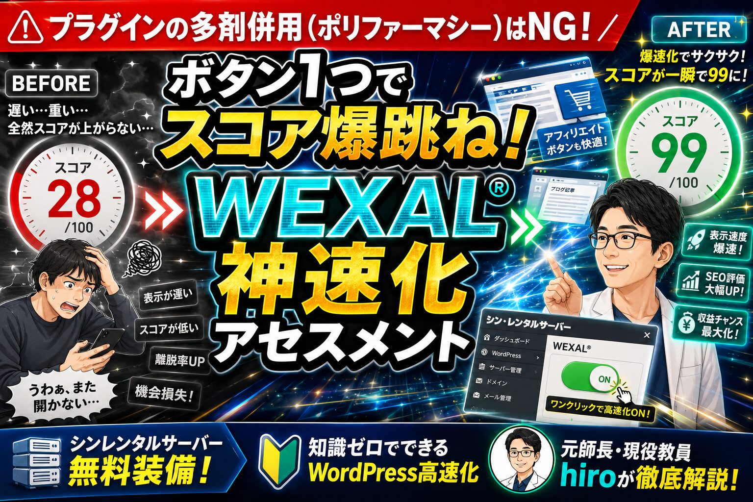 シンレンタルサーバーのWEXAL設定でWordPressの表示速度を上げ、PageSpeed Insightsのスコアを爆跳ねさせる手順を解説したアイキャッチ画像