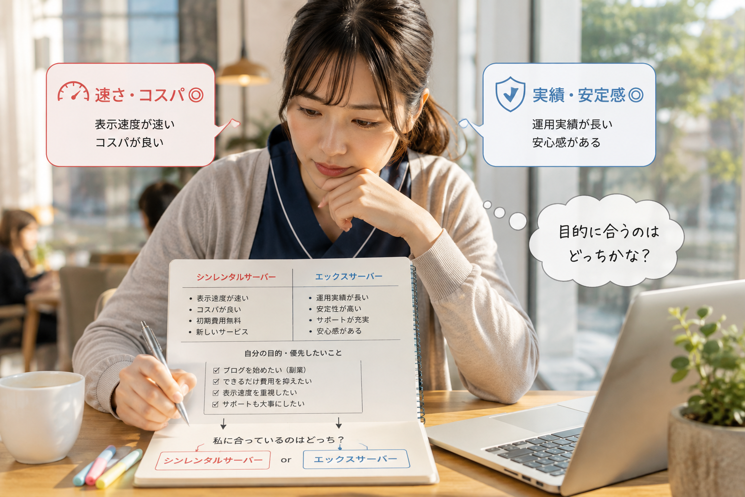ノートにシンレンタルサーバーとエックスサーバーの違いや自分の目的を書き出し、どちらが自分に合っているか分析する女性