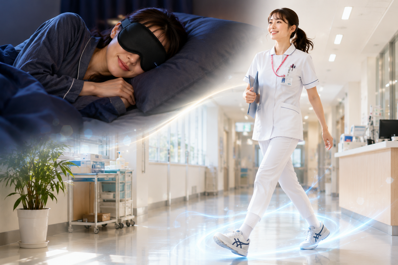 質の高い睡眠で疲労を回復し、快適なナースシューズで元気に働く看護師のセルフケアイメージ
