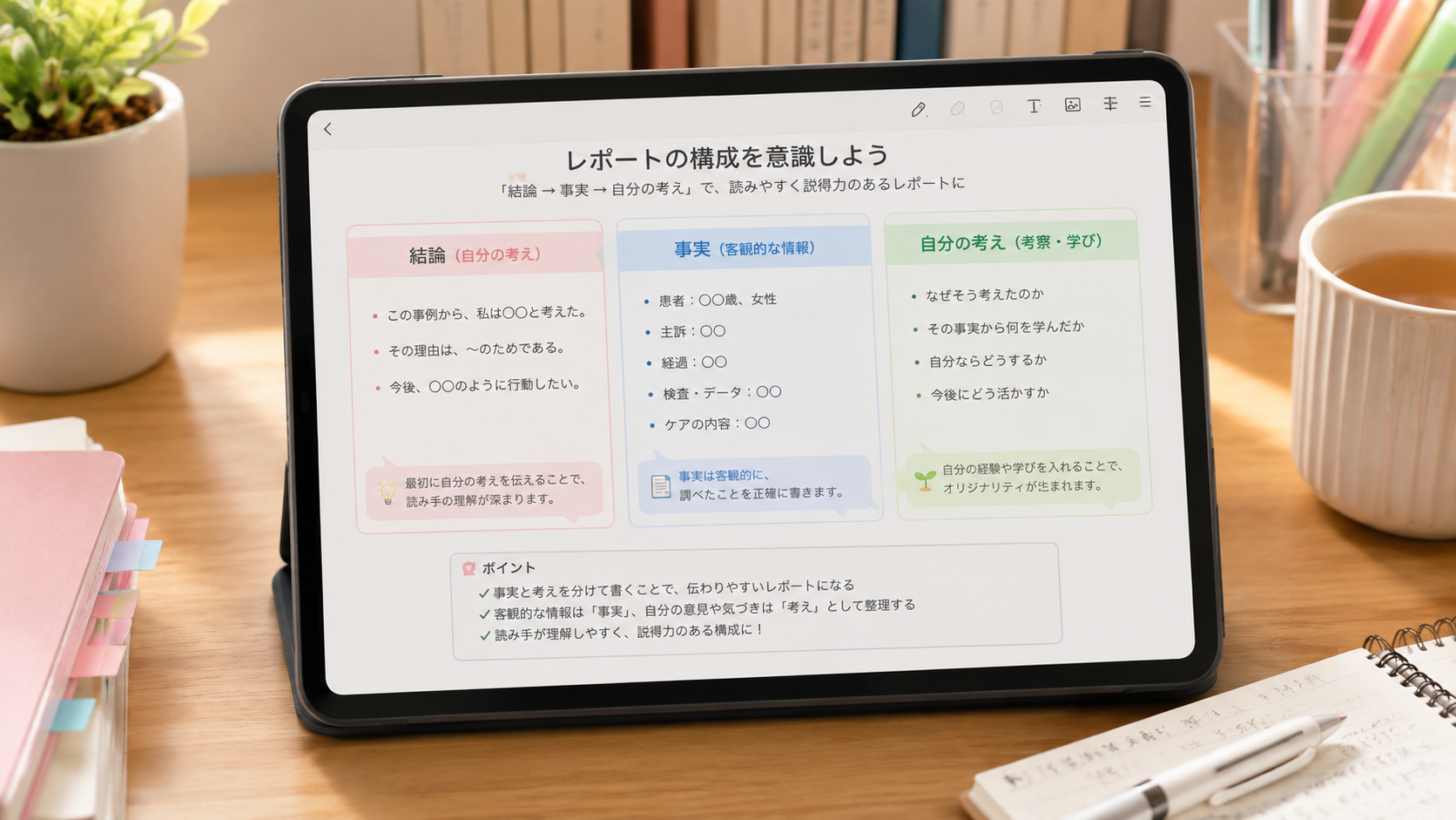 結論・事実・自分の考えを整理して構造化したレポート作成の流れをタブレット画面で確認するイメージ