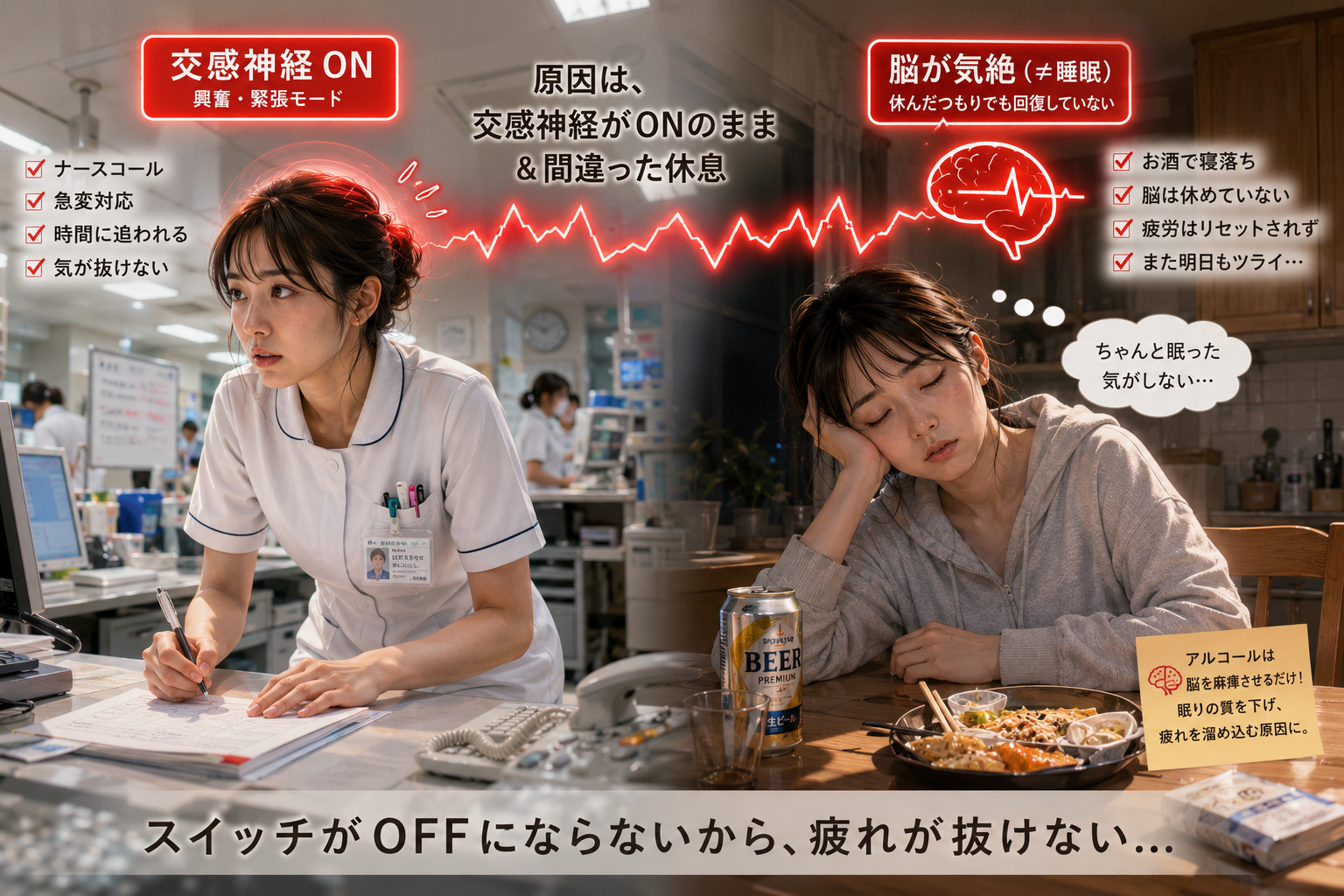 交感神経が興奮したまま働く看護師と、お酒で寝落ちしても脳が十分に休めていない状態を表したイラスト