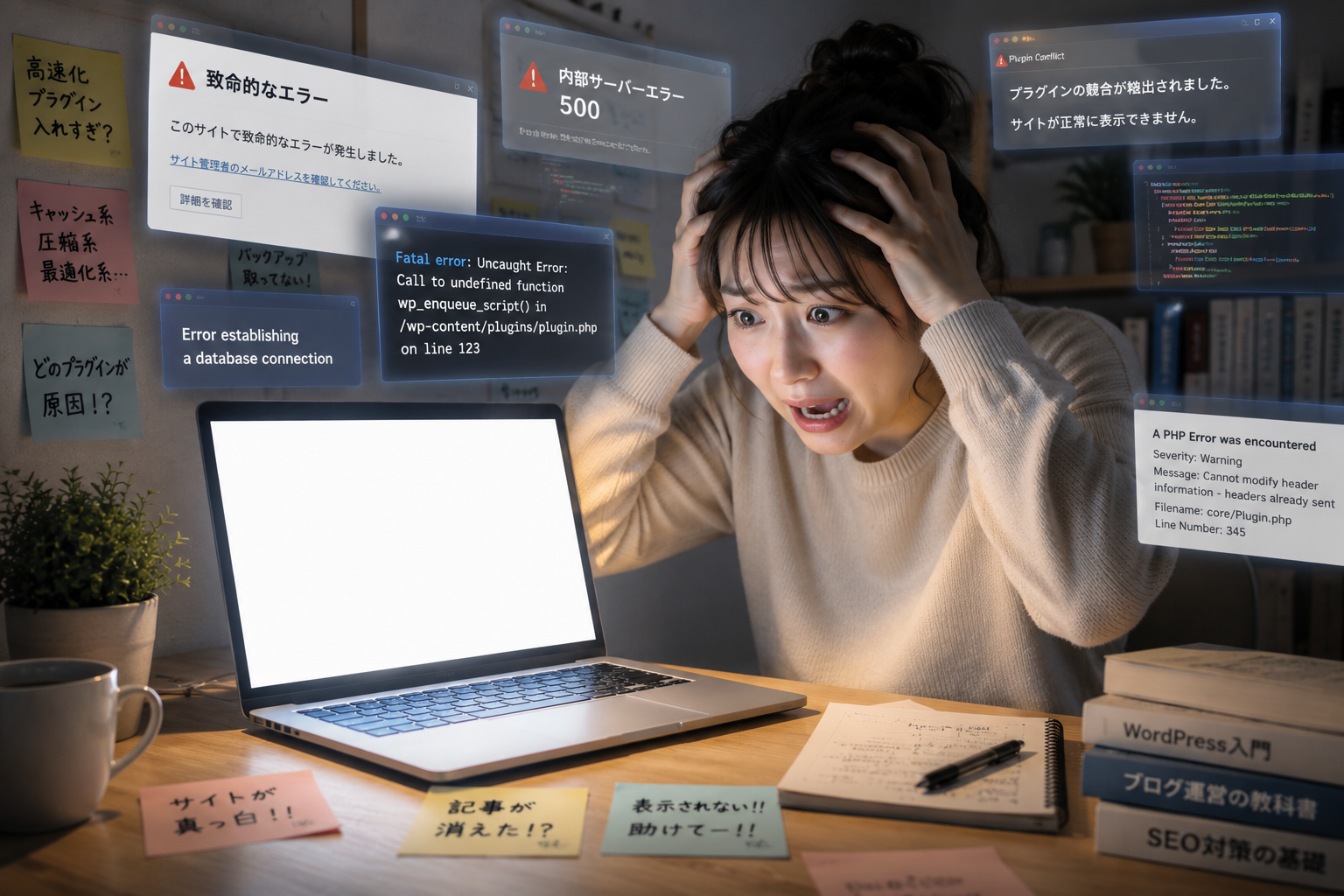 プラグインを入れすぎたことでWordPressが真っ白になり、パソコンの前で頭を抱えてパニックになる女性