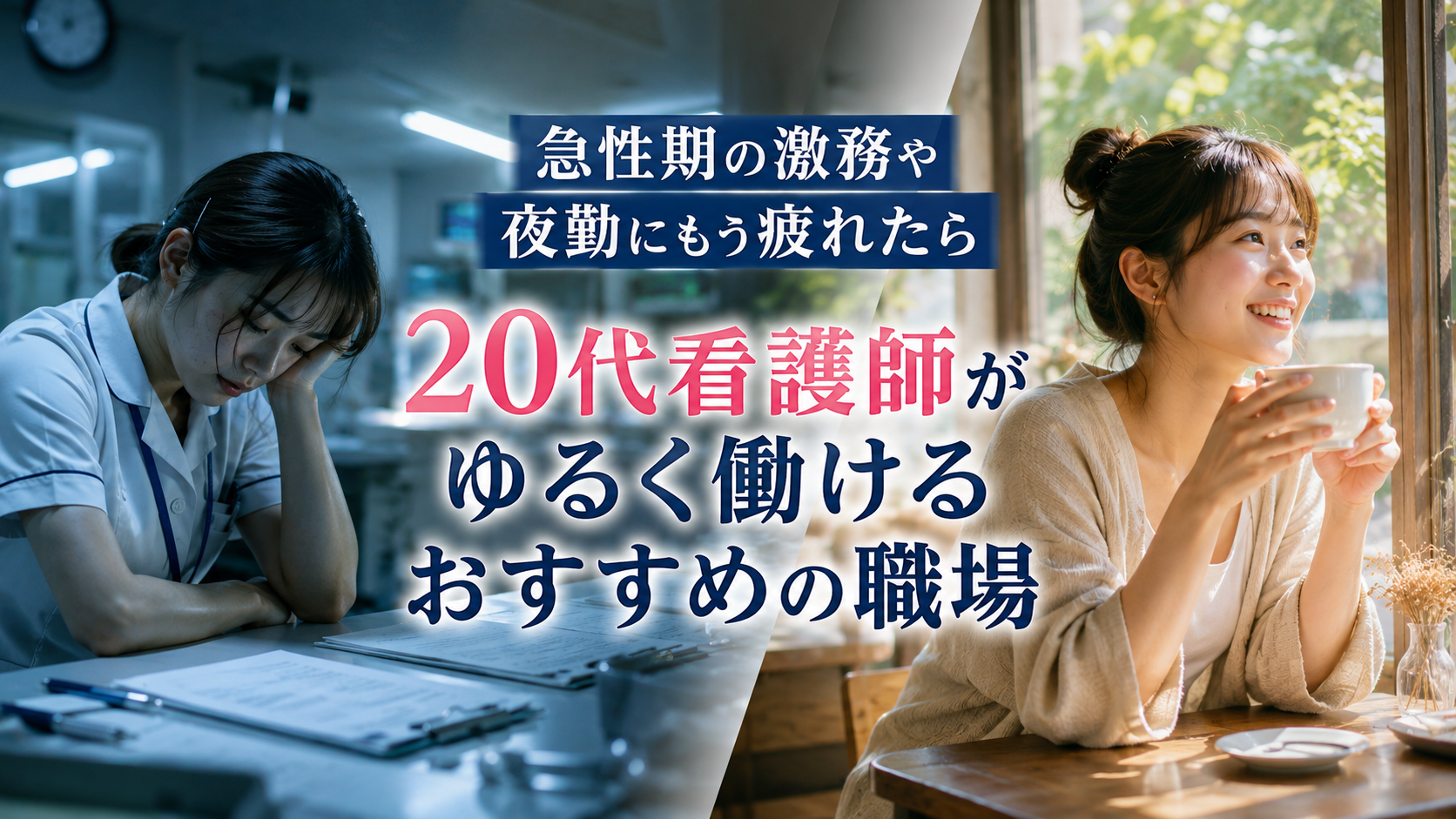 急性期の激務や夜勤に疲れた20代看護師と、ゆるく働ける職場に環境を変えて穏やかに過ごす看護師の比較イメージ
