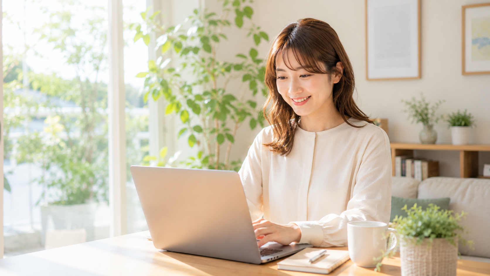 明るい自宅でノートパソコンを使って副業に取り組み自由な働き方を楽しむ20代女性
