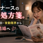 夜勤中の休憩室で結婚雑誌を見ながら出会いや婚活に悩む30代女性看護師