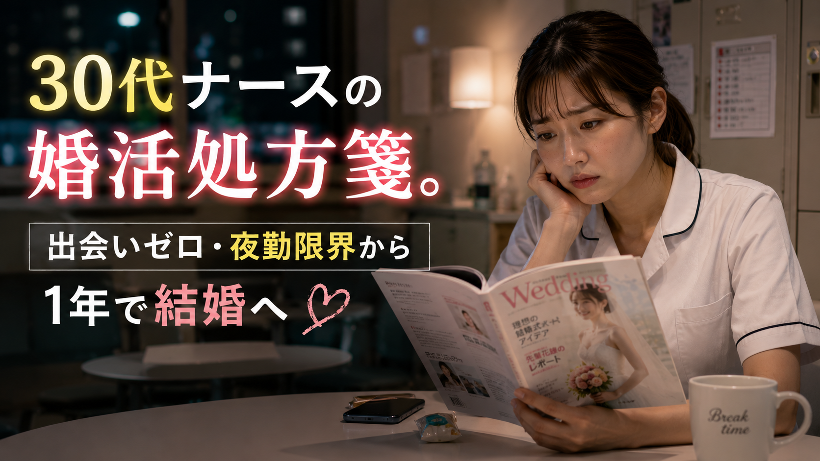 夜勤中の休憩室で結婚雑誌を見ながら出会いや婚活に悩む30代女性看護師
