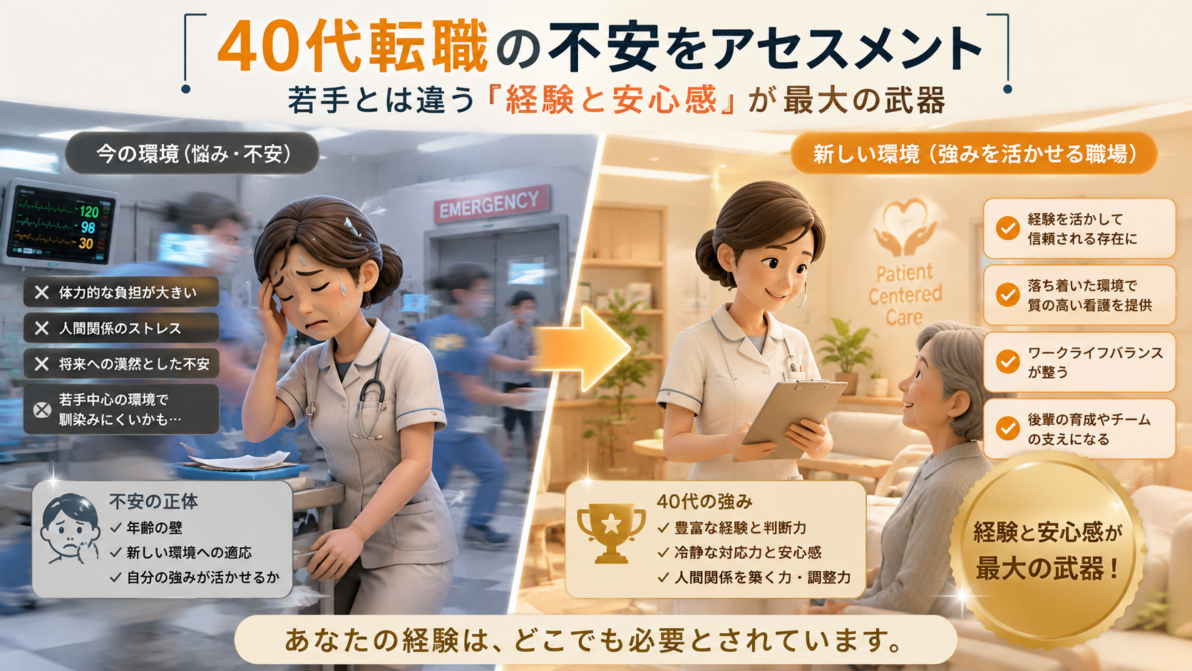 40代看護師の転職不安をアセスメントし、若手にはない経験と安心感が転職で最大の強みになることを示した比較図解