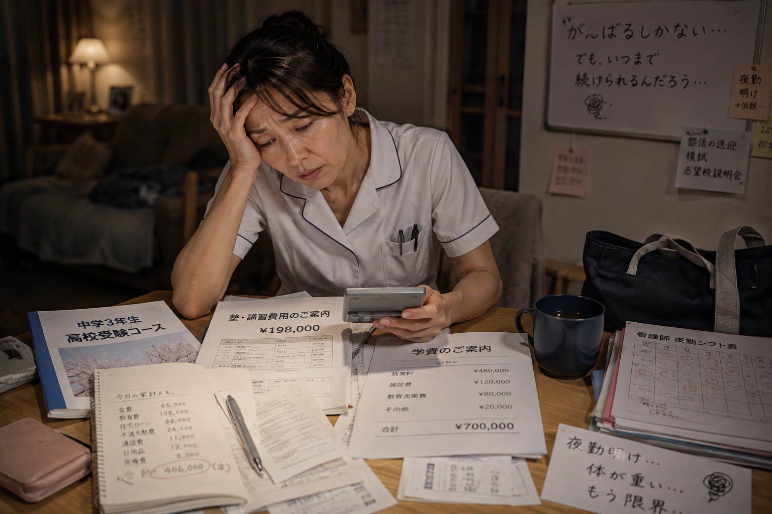 塾の資料や家計簿を見つめ、教育費の重さと夜勤明けの疲労に頭を抱える40代看護師