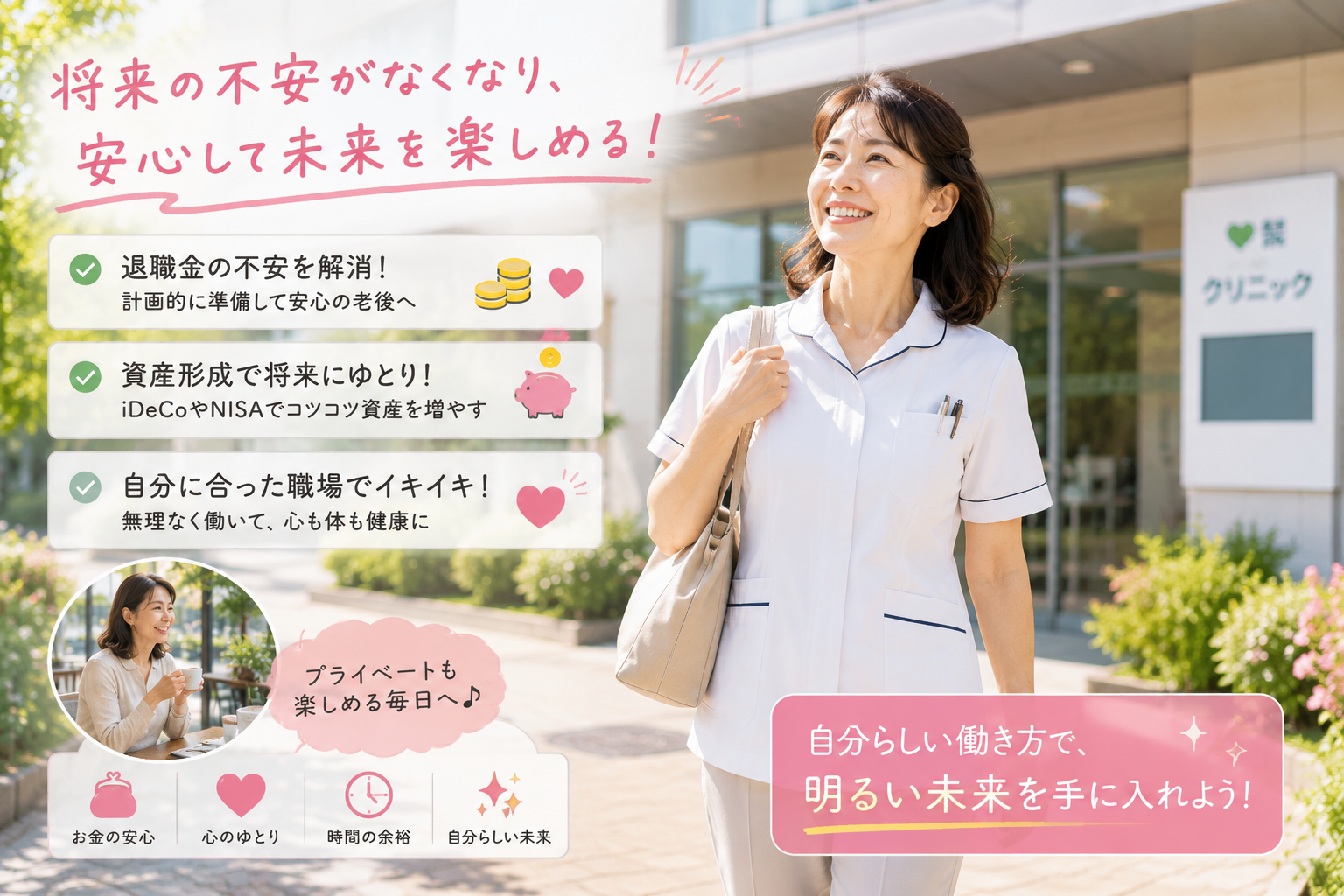 将来のお金の不安を解消し、心身にゆとりを持って笑顔で新しい職場に向かう40代看護師