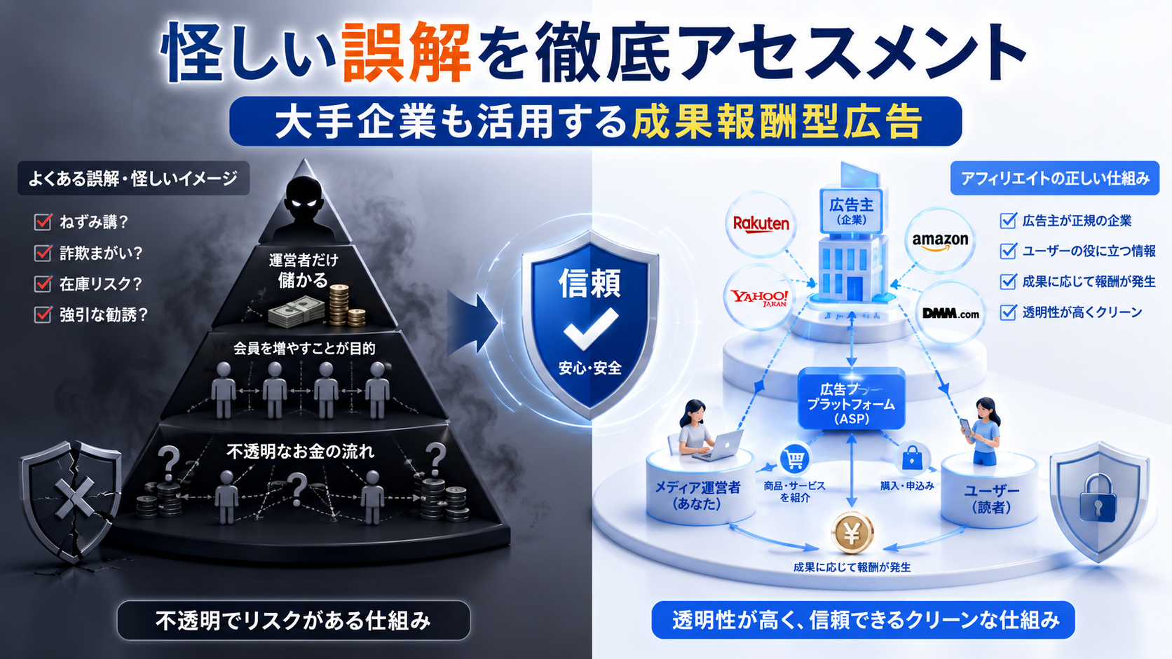 怪しい仕組みとアフィリエイトを比較し、大手企業も活用する透明性の高い成果報酬型広告の仕組みを解説した図解