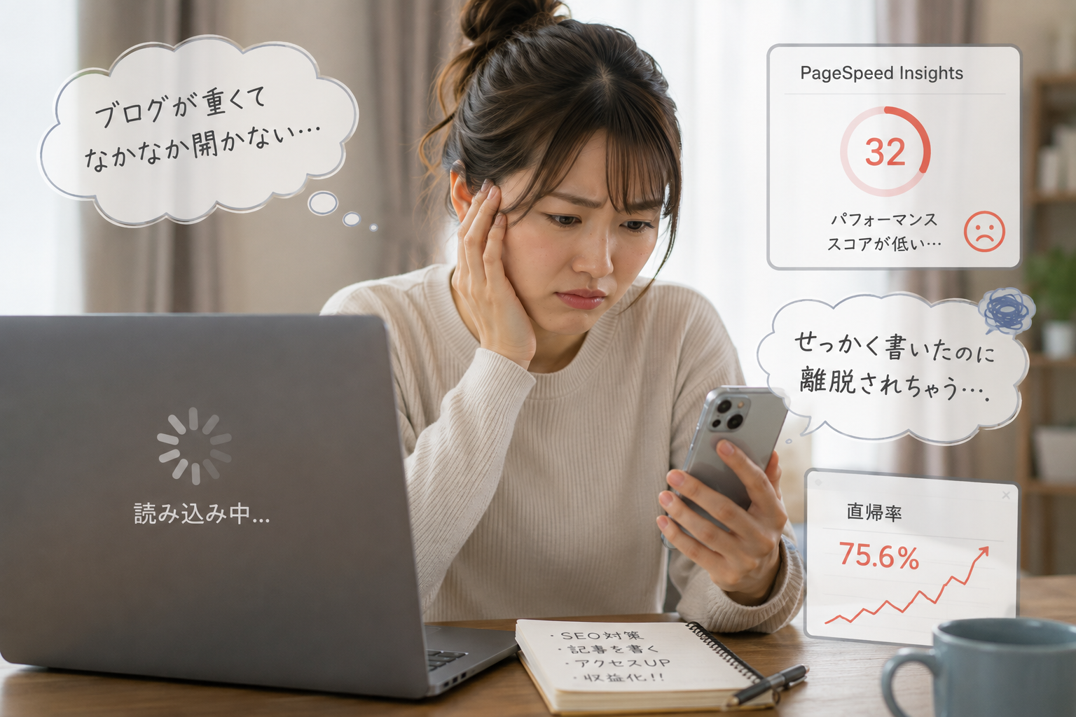 ブログの読み込みが遅く、イライラしながらスマホやパソコンの画面を見つめる女性