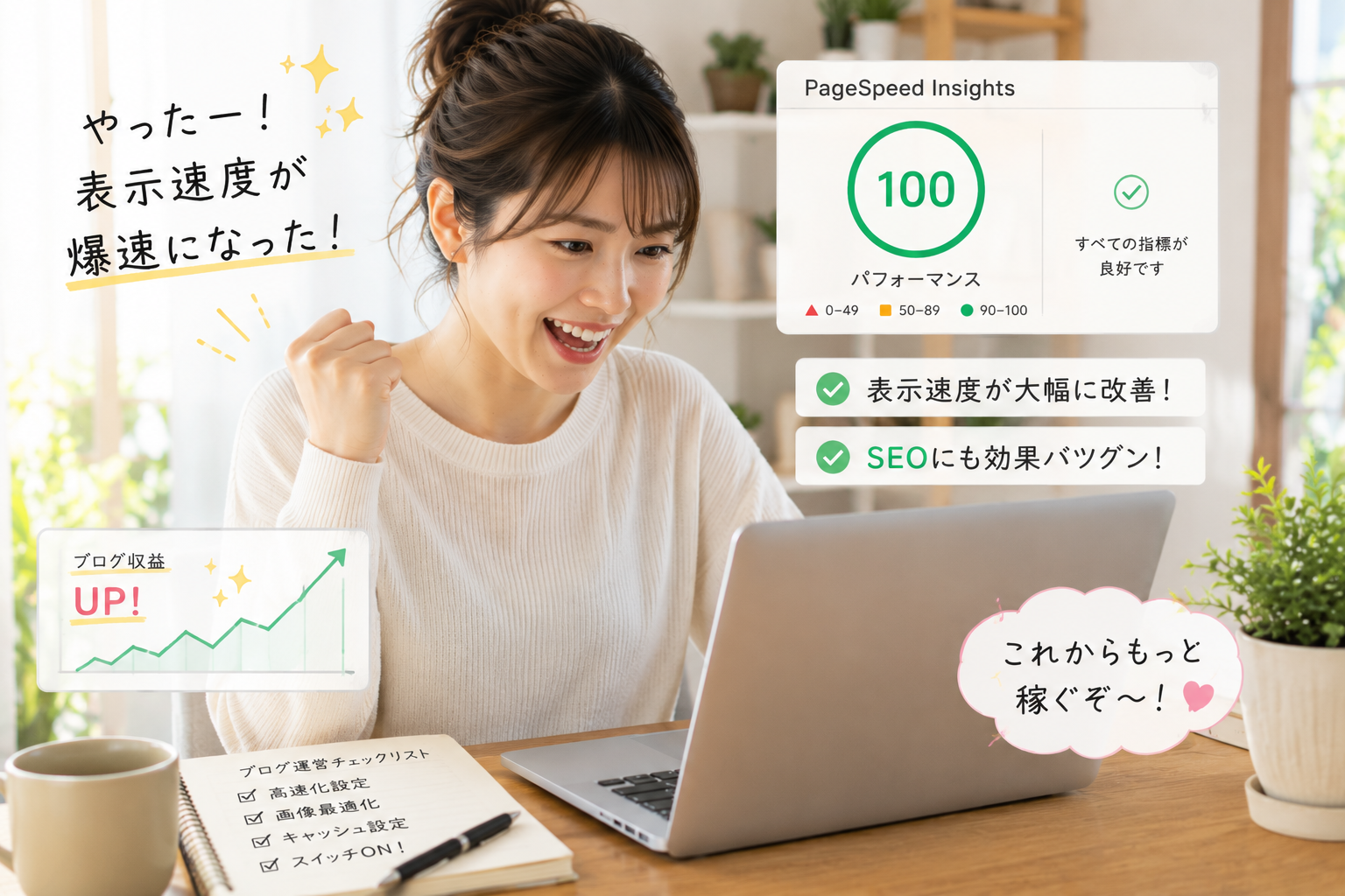 爆速になった自分のブログの表示スコアを見て喜び、モチベーション高く記事執筆に取り組む女性