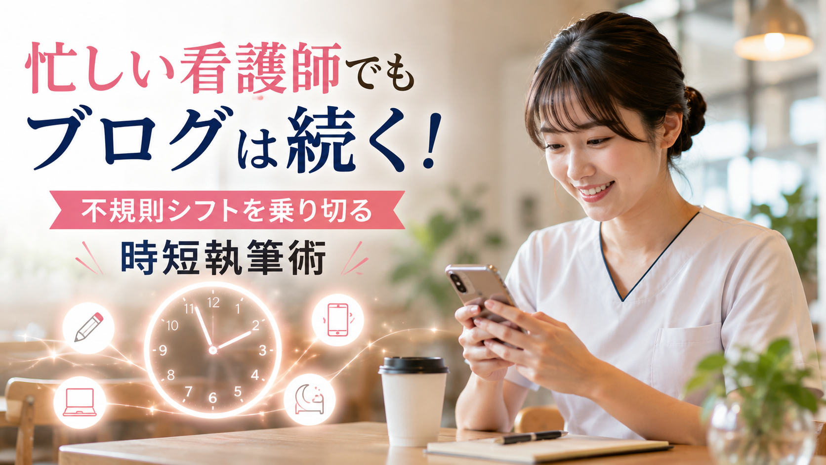 忙しい看護師がカフェの隙間時間にスマホでブログを書き、不規則シフトでも続けられる時短執筆術を実践する様子