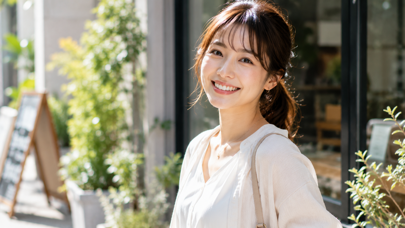 休日におしゃれな私服で自然光の中、明るく自信のある笑顔を見せる20代後半の女性看護師
